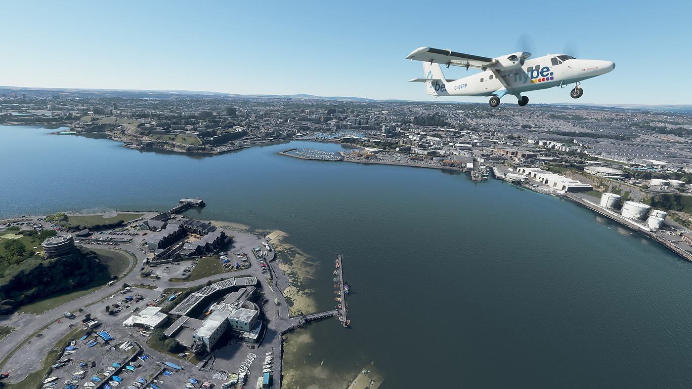 Flybie Twin Otter flying over Sutton harbour